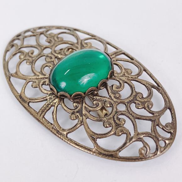 Vintage Mid Century Gold Tone Filigree Brooches Red Green Glass Cabochons Set - Picture 7 of 12
